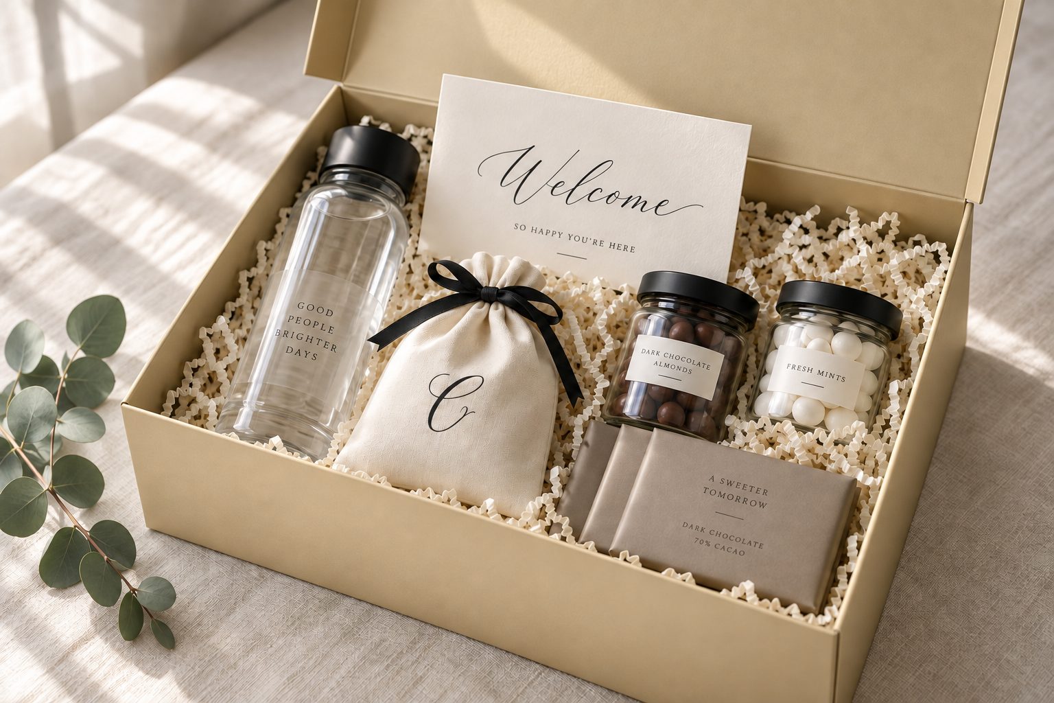 Open champagne gold CAMEO gift box with a cotton bag, water bottle, treat jars, chocolates and a welcome card inside