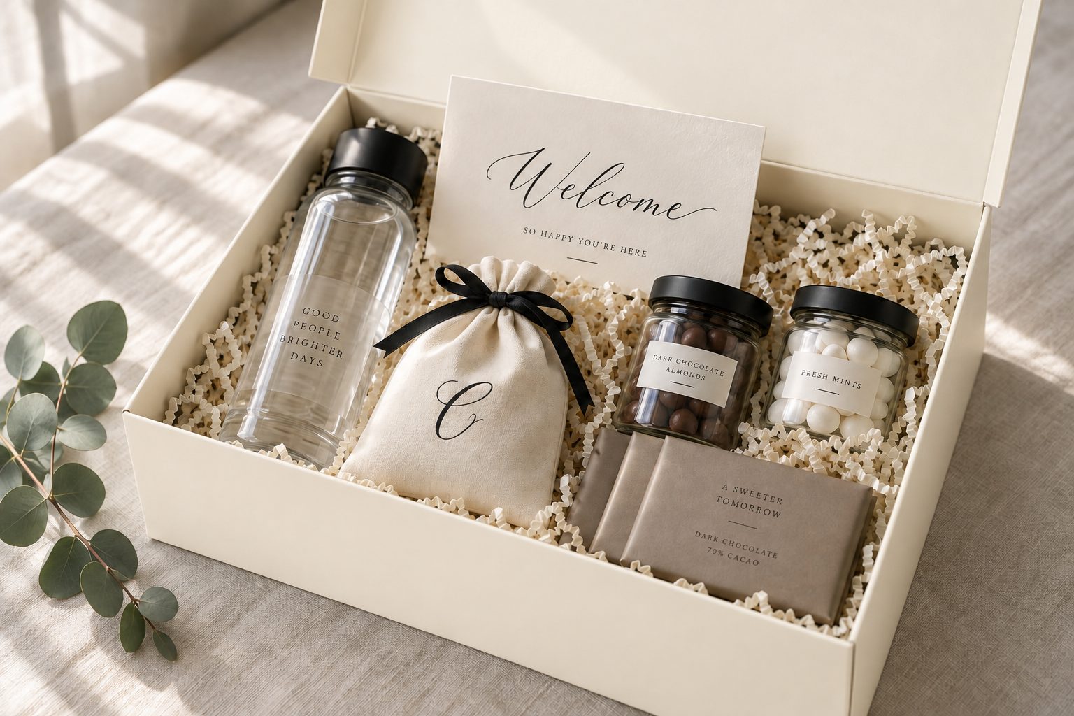 One open ivory CAMEO gift box with a small cotton bag, water bottle, treat jars, chocolates and a welcome card inside