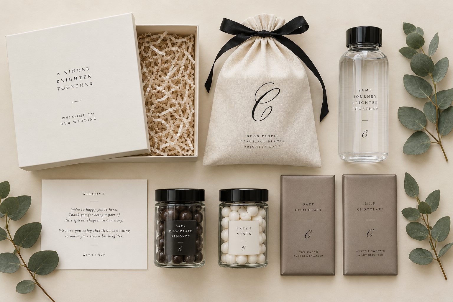Flat lay of a complete CAMEO welcome package: box, cotton bag, bottle, jars, chocolates and card