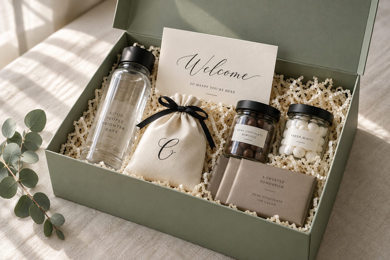 One open sage CAMEO gift box with a small cotton bag, water bottle, treat jars, chocolates and a welcome card arranged inside